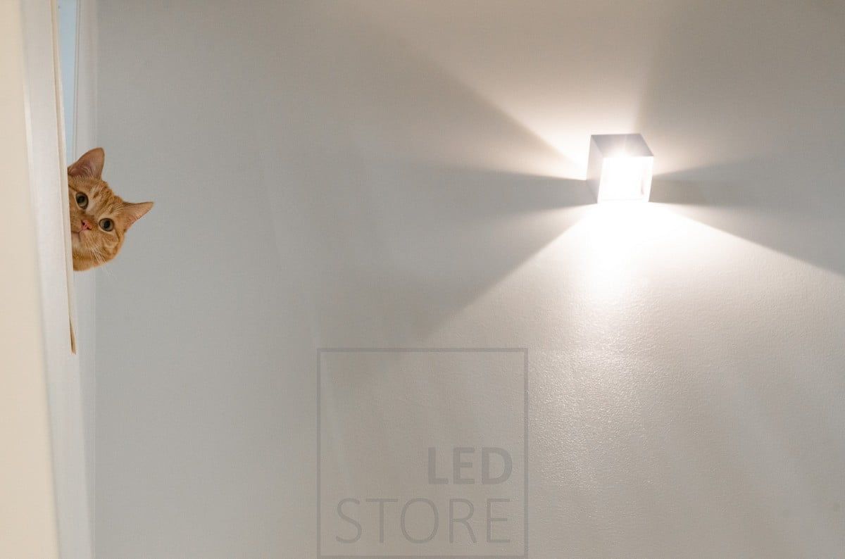 A FUNK wall light illuminating a staircase, the light is both up and down and is dimmable.